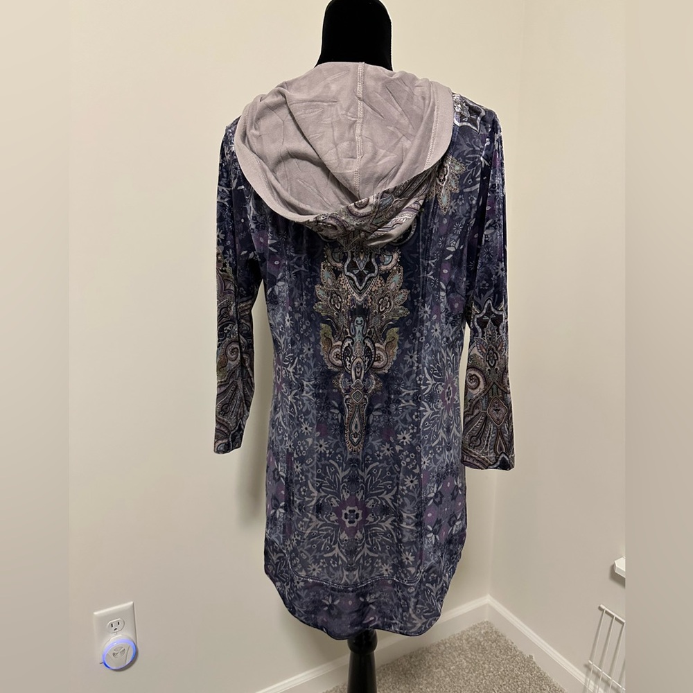Women’s One World Blue Printed Knit & Velvet 3/4 Sleeve Zip Front Hoodie - Picture 5 of 6